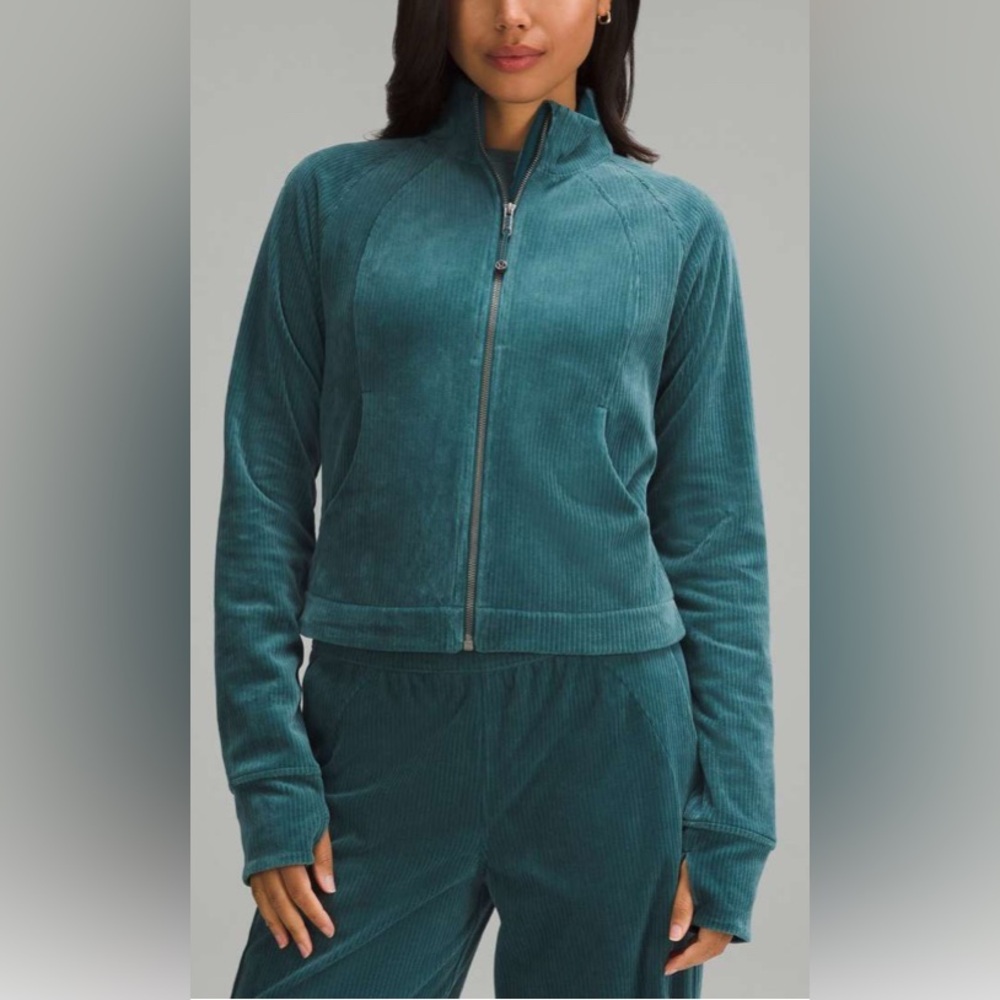 Lululemon Scuba Track Jacket‎ Velvet Velour Cord Storm Teal Cotton Jersey sz10